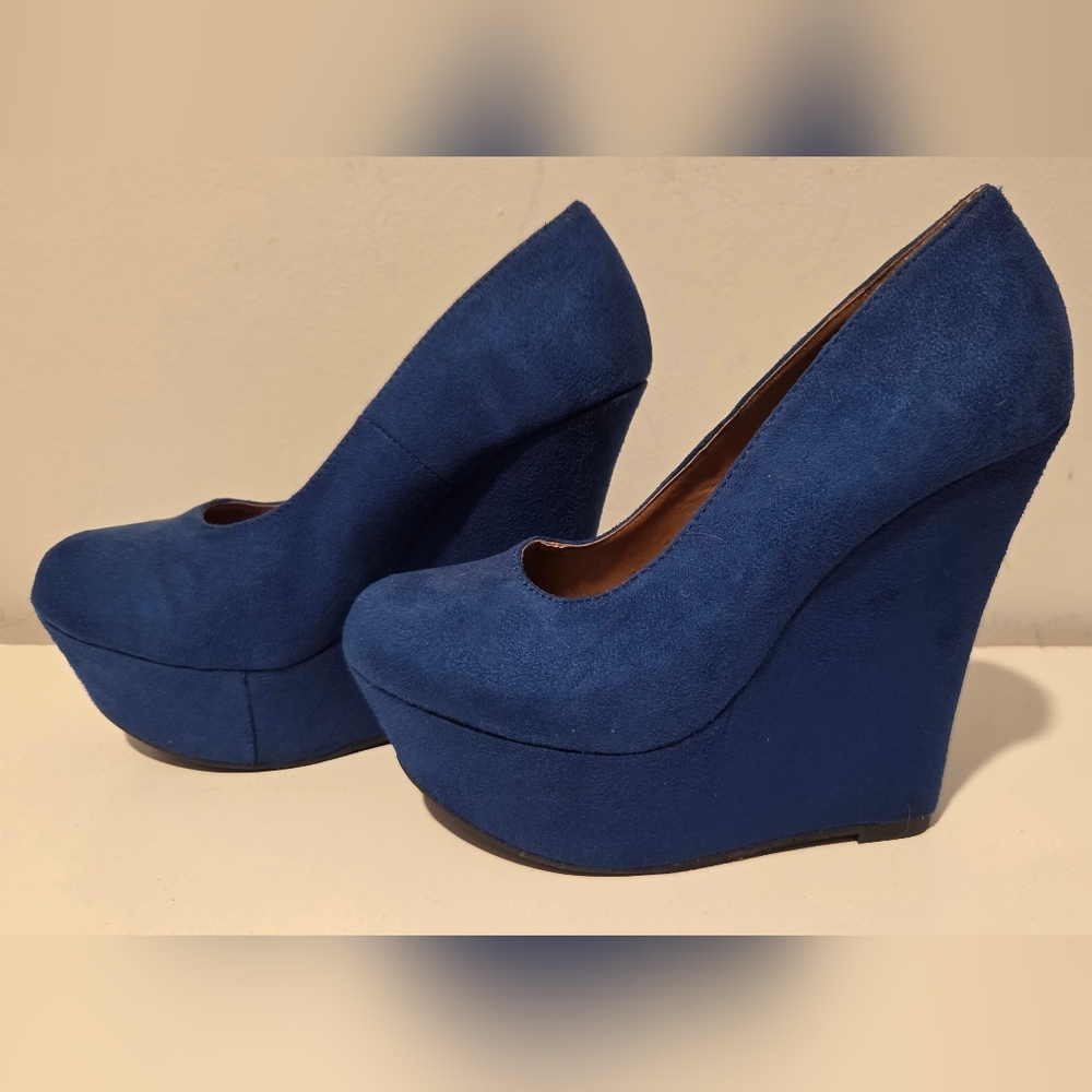 Elegant Blue "Suede" Wedge Heels Size 6.5